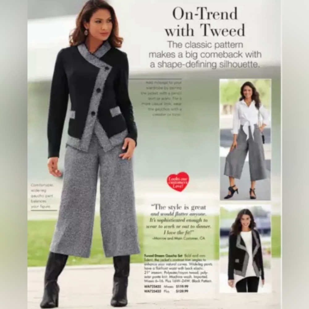 Women's Office Business Church Party Tweed Gaucho 2PC suit plus 16W black & gray